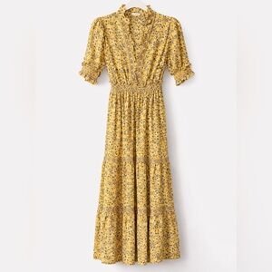 Max Studio Yellow Floral Midi Dress Smocked Waist Boho Cottagecore XS